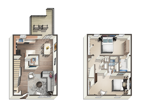 Floor plan for 2 beds, 2.5 baths, 1100 sqft
